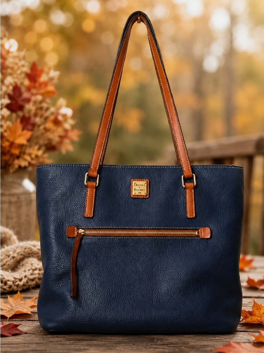 Dooney & Bourke Navy Leather Tote with Brown Trim